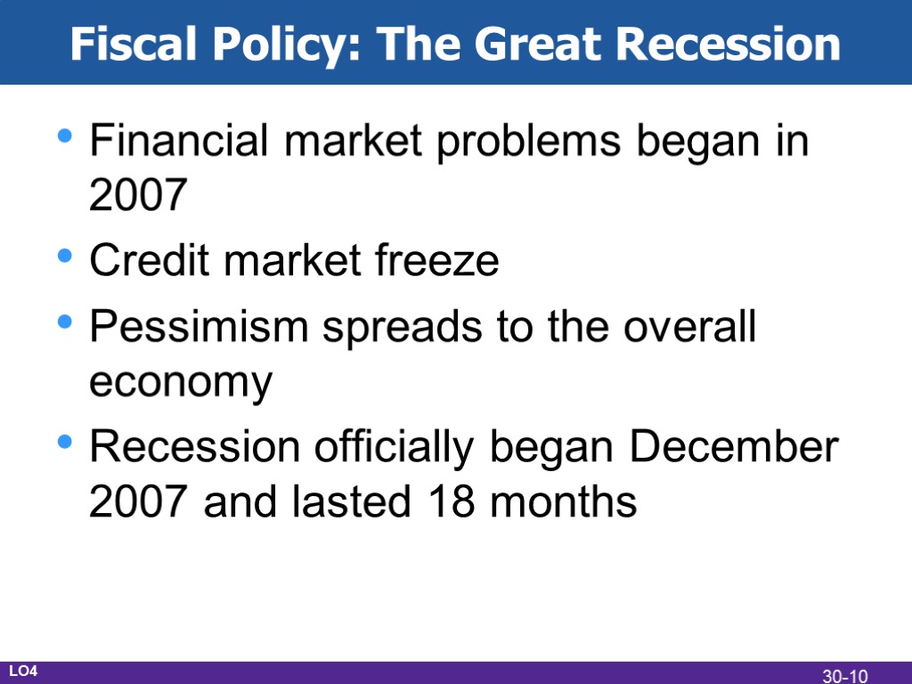Fiscal Policy: The Great Recession Financial market problems began in 2007 Credit market freeze